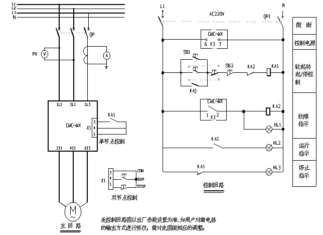 CMC-MX內(nèi)置旁路軟起動器基本接線原理圖、三角形內(nèi)接連接圖和典型應(yīng)用接線圖(圖3)